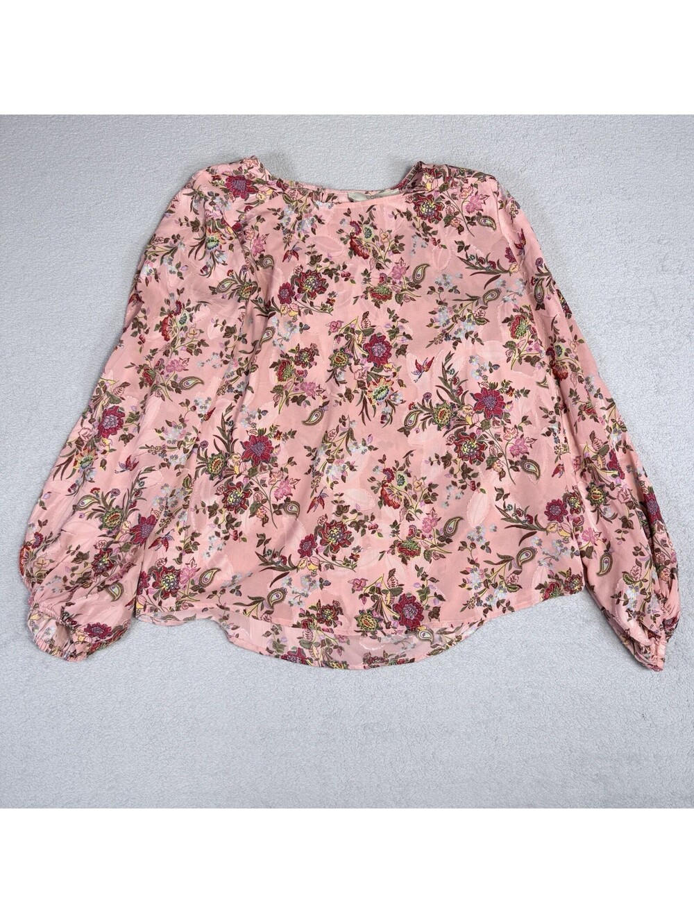 LOFT Floral Paisley Blouse Womens Xs Pink Balloon Sleeve Jacquard Keyhole Top
